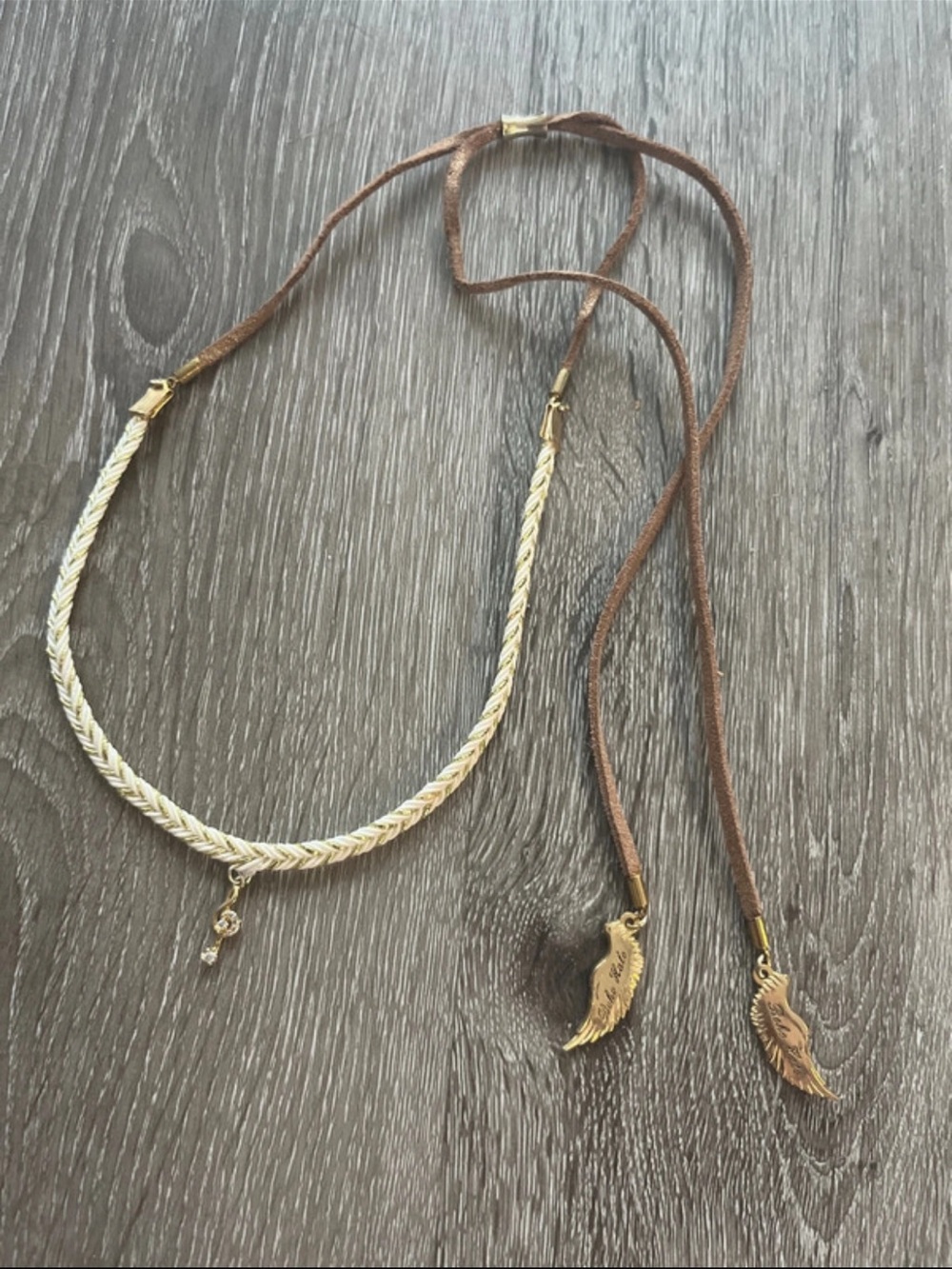 Gold-Tone Braided Cord Choker with Brown Suede Ties and Wing Charms